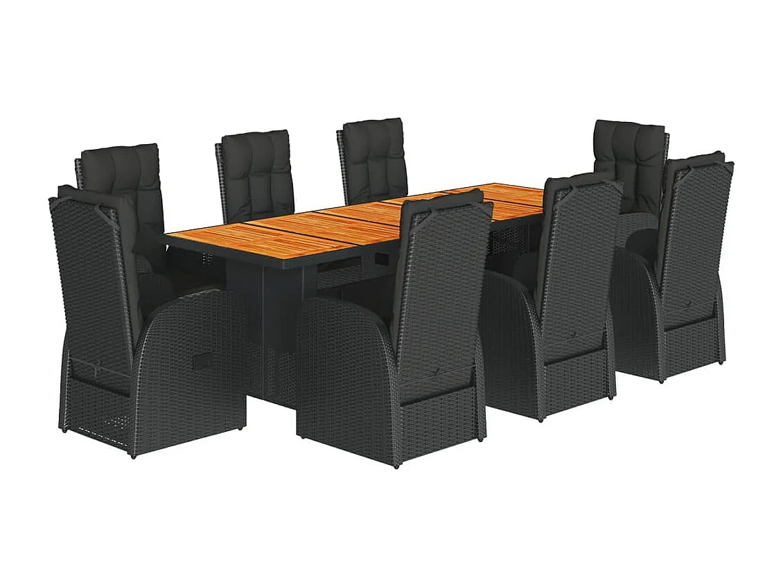 9 pcs conjunto de jantar p/ jardim c/ almofadões vime PE preto