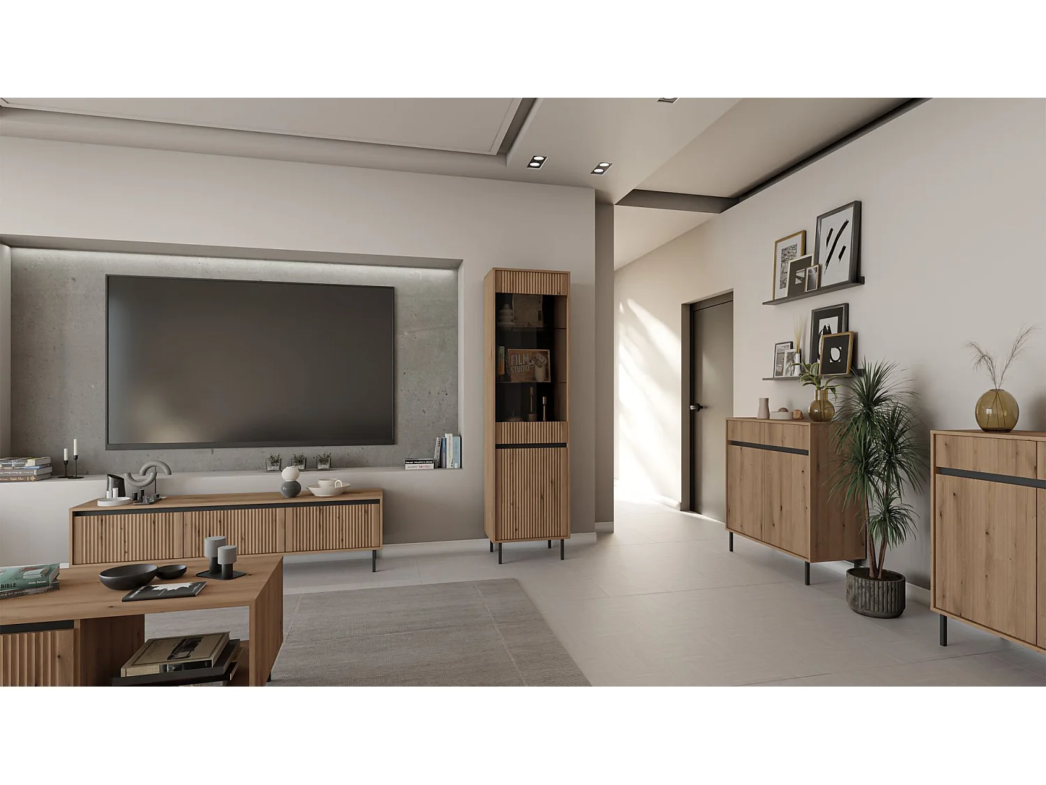 Meuble TV 3 tiroirs avec pieds noir - 179 cm - chêne evoke - OSAKA