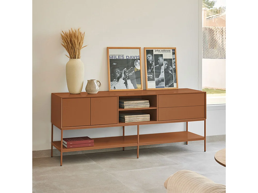 Platt - Meuble TV 2 portes en bois et métal L175cm - Marron argile