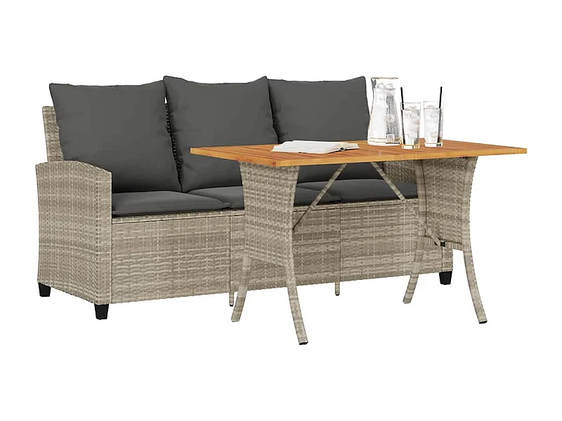 Gartensofa 3-Sitzer mit Kissen & Tisch Hellgrau Poly Rattan
