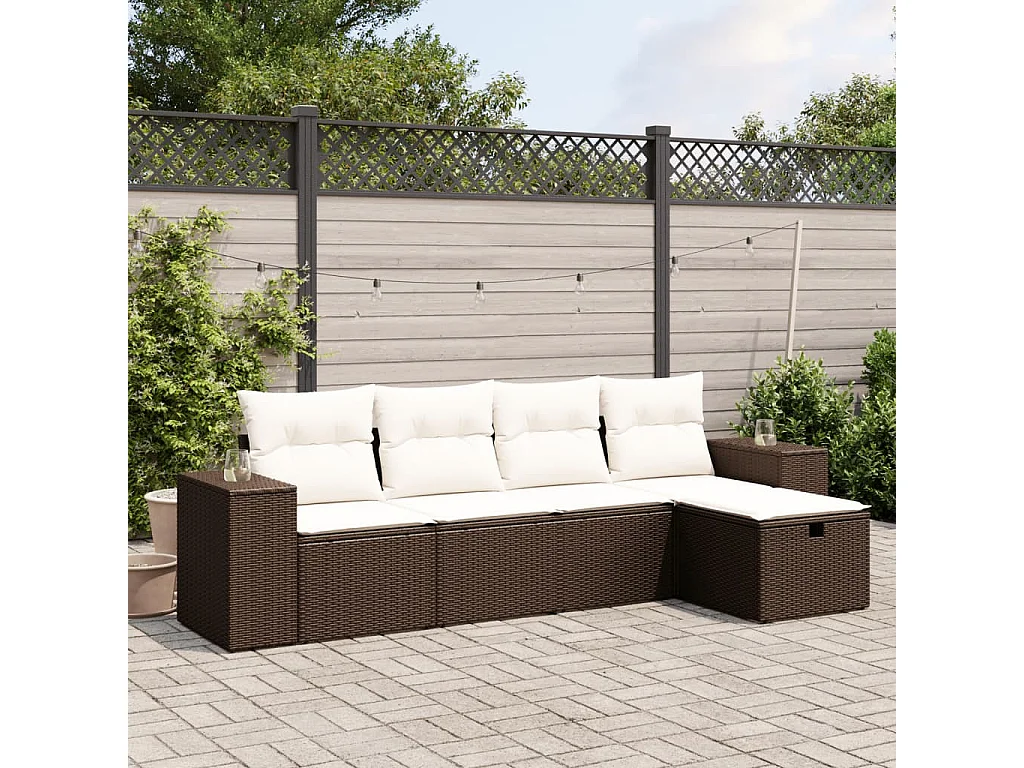 Set Divano da Giardino 5 pz con Cuscini Marrone in Polyrattan