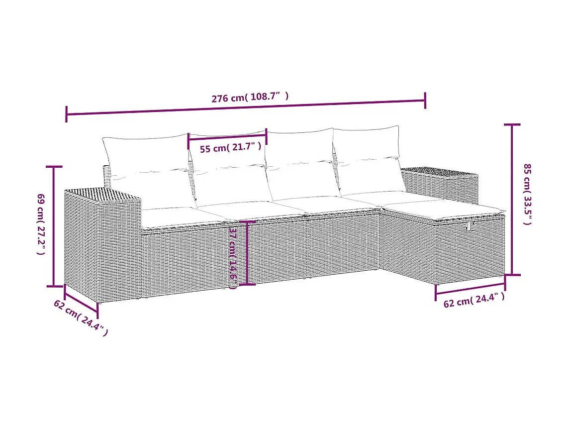 Set Divano da Giardino 5 pz con Cuscini Marrone in Polyrattan