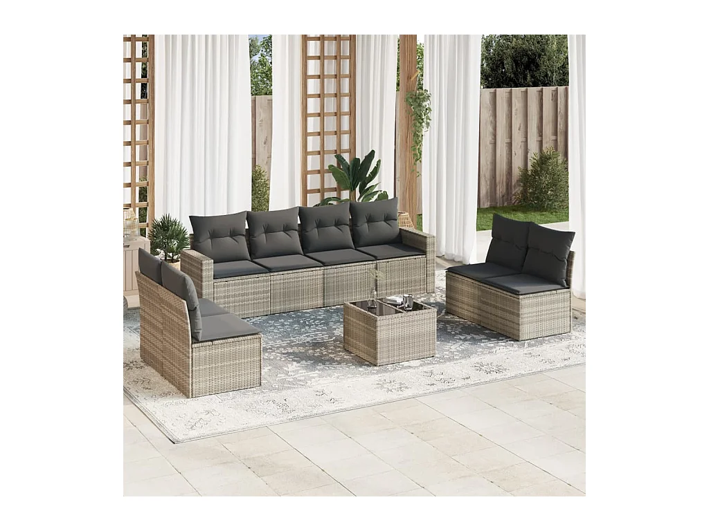 Salon de jardin 9 pcs avec coussins gris clair résine tressée