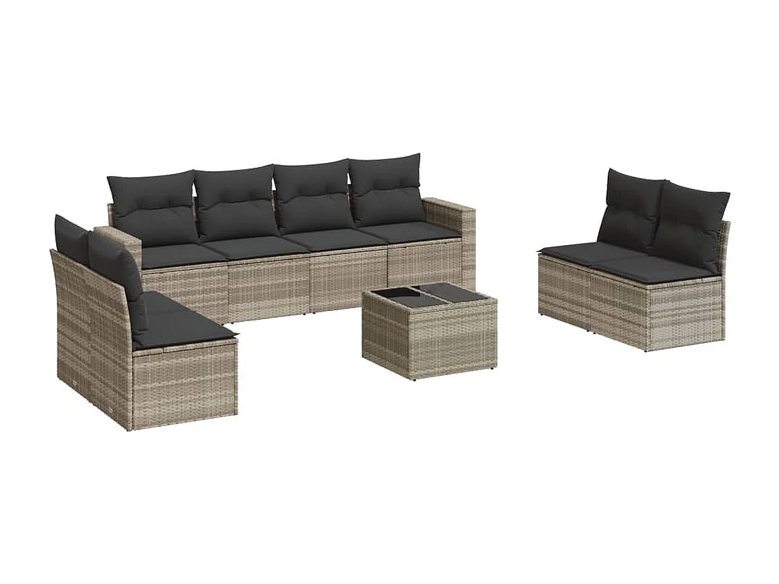 Set Divano da Giardino 9pz con Cuscini Grigio Chiaro Polyrattan