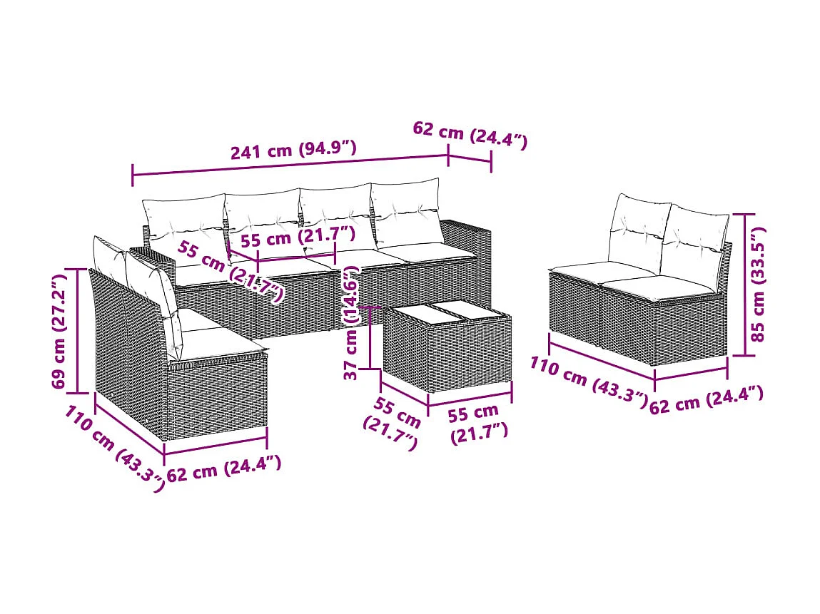 Set Divano da Giardino 9pz con Cuscini Grigio Chiaro Polyrattan