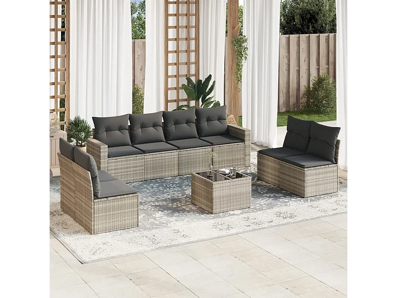 9-tlg. Garten-Sofagarnitur mit Kissen Hellgrau Poly Rattan