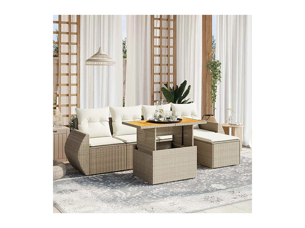 Salon de jardin avec coussins 6 pcs beige résine tressée