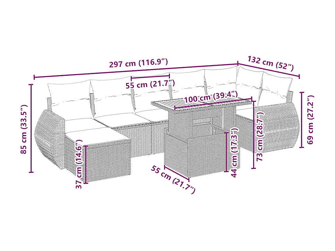 8-delige Loungeset met kussens poly rattan beige