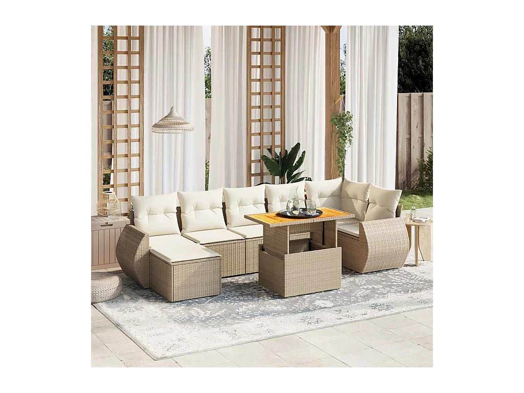 Salon de jardin avec coussins 8 pcs beige résine tressée