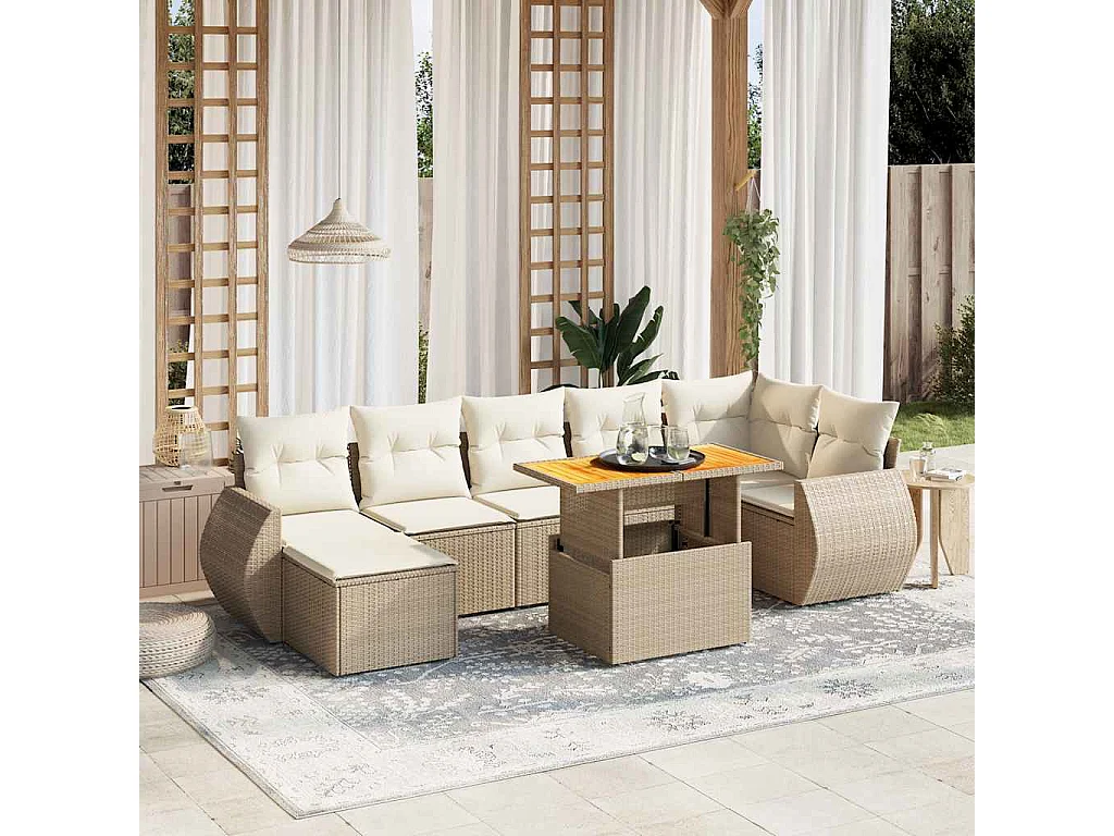 Salon de jardin avec coussins 8 pcs beige résine tressée