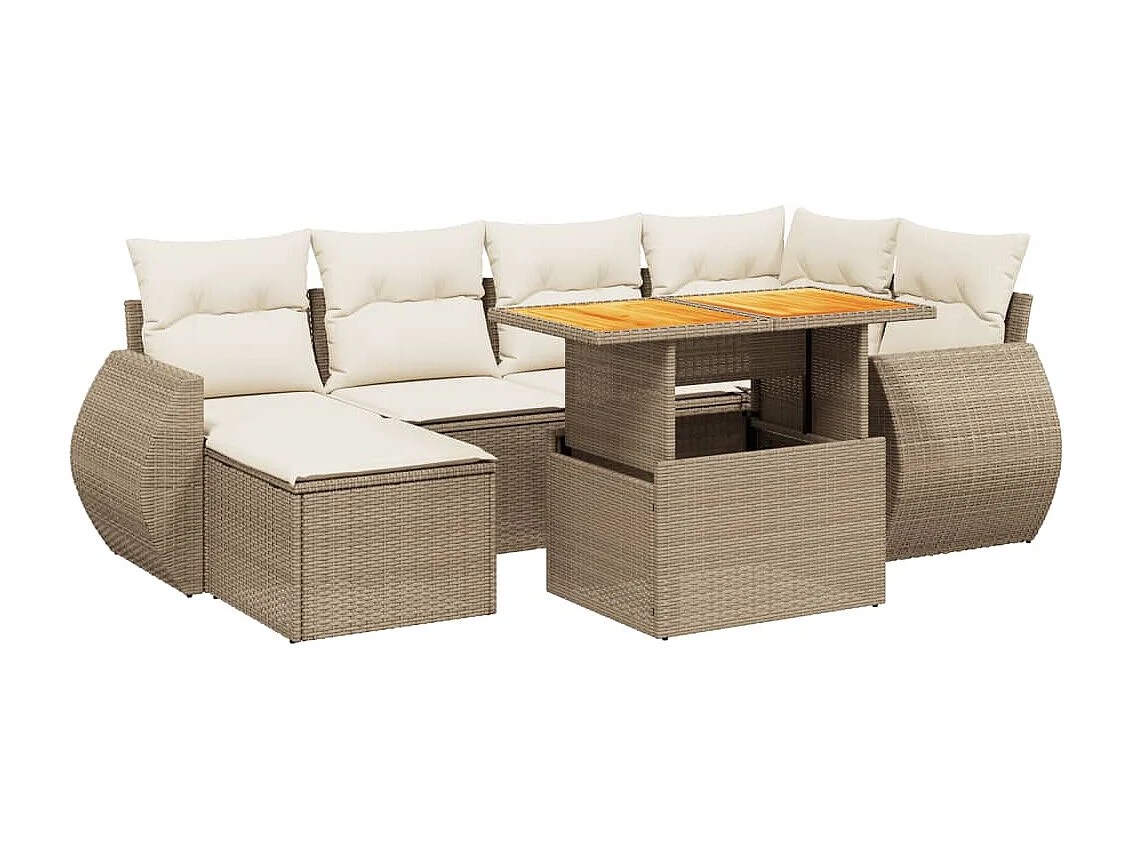 7 pcs conjunto de sofás p/ jardim com almofadões vime PE bege