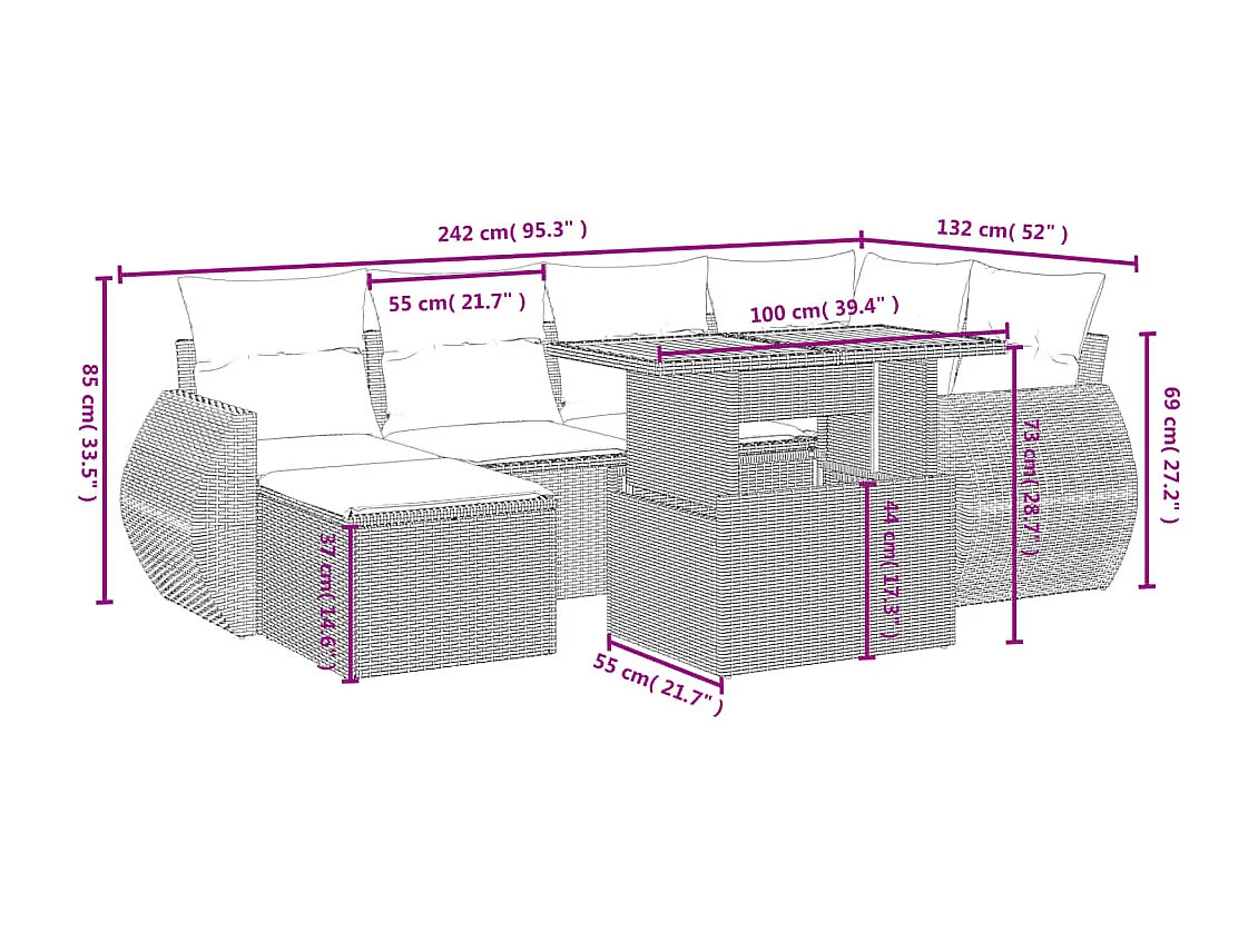 7 pcs conjunto de sofás p/ jardim com almofadões vime PE bege