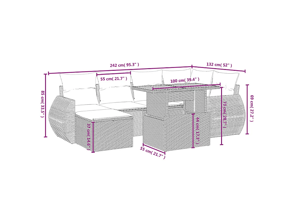Set Divani da Giardino 7 pz con Cuscini Beige in Polyrattan