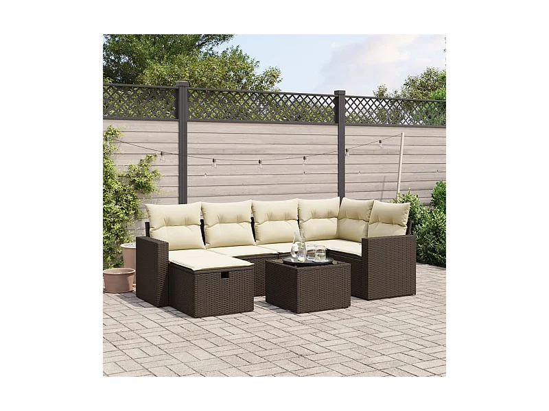 Salon de jardin avec coussins 7 pcs marron résine tressée