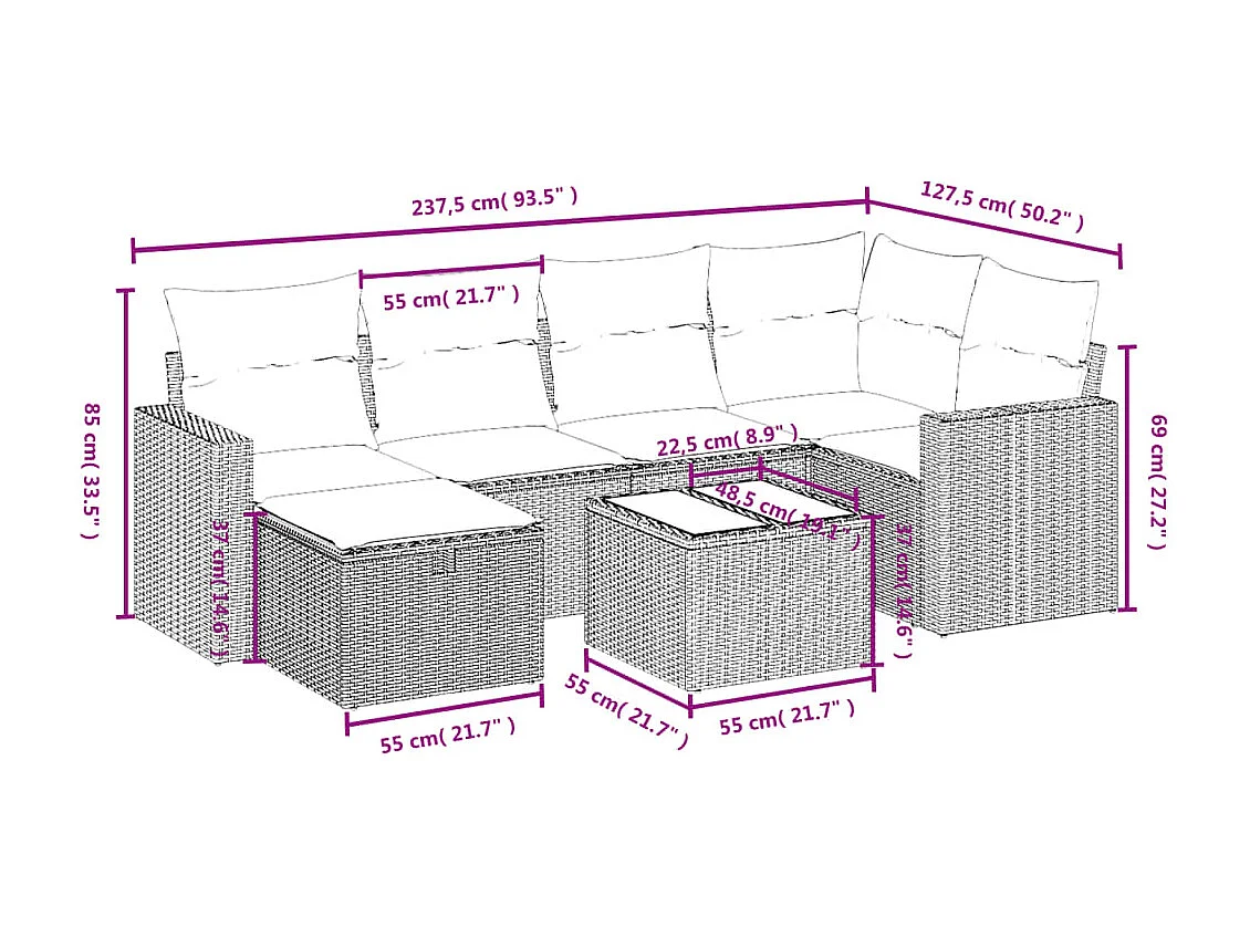 Salon de jardin avec coussins 7 pcs marron résine tressée