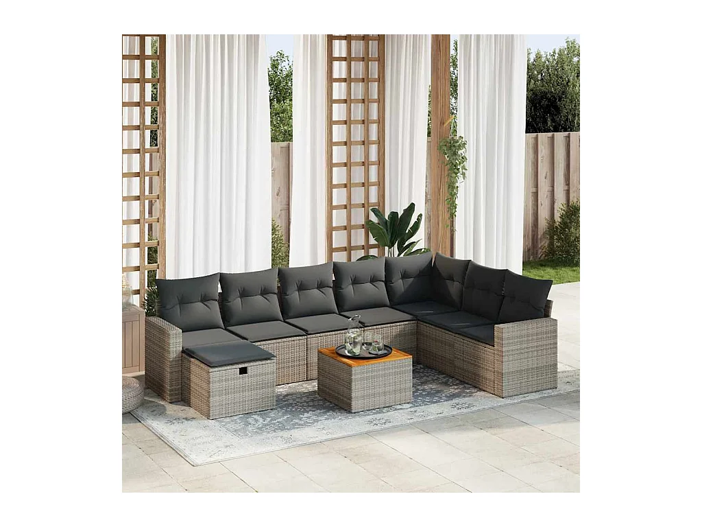 9-delige Loungeset met kussens poly rattan grijs