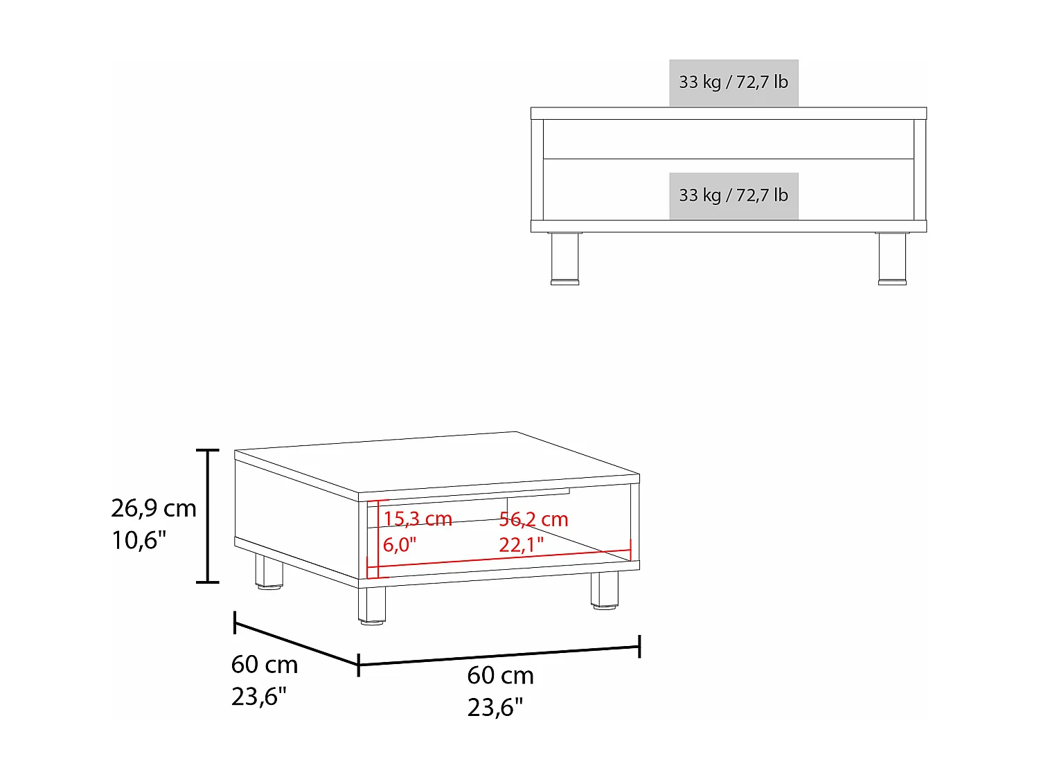 Table basse Eclipse en mélamine avec plateaux inférieurs et 4 pieds , blanc , 26.9 cm X 60 cm X 60 cm