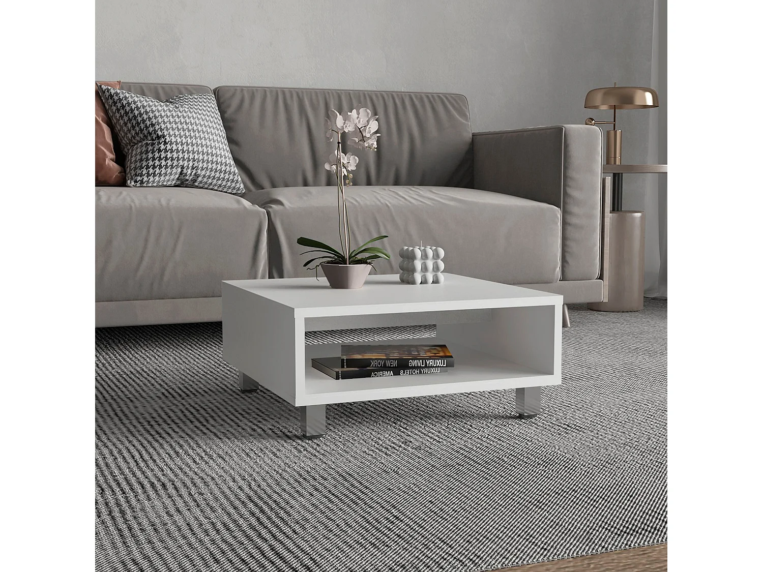 Table basse Eclipse en mélamine avec plateaux inférieurs et 4 pieds , blanc , 26.9 cm X 60 cm X 60 cm