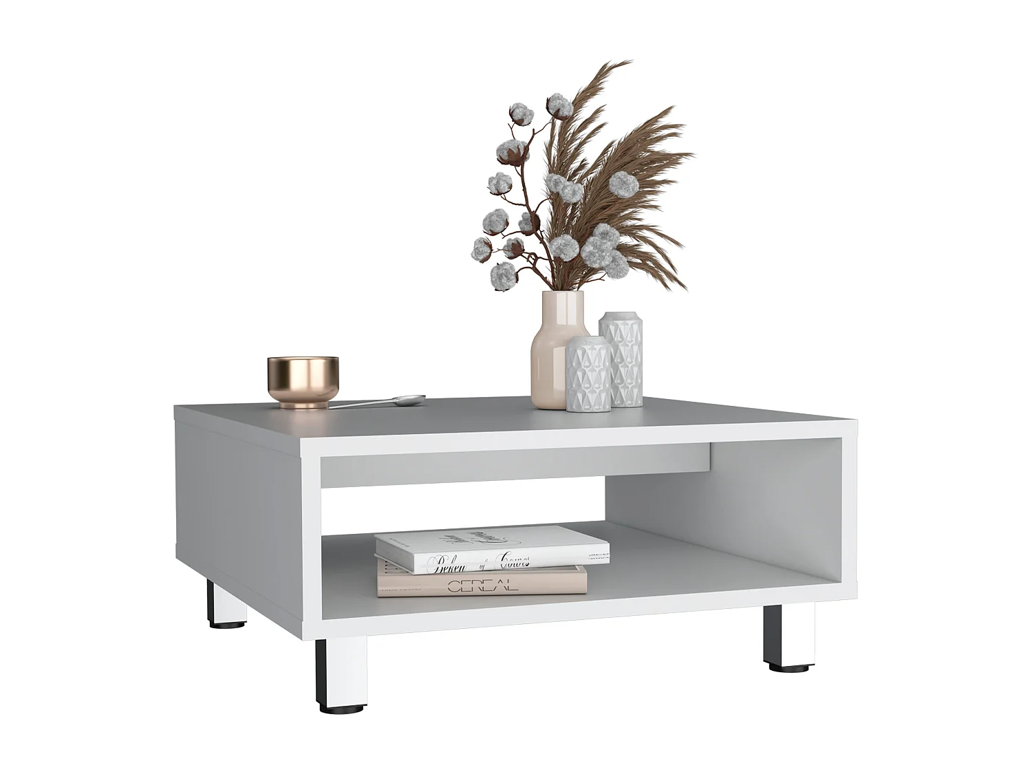 Mesa de Centro Eclipse en melamina con estantes inferior y 4 patas , blanco , 26.9 cm  X 60 cm  X 60 cm