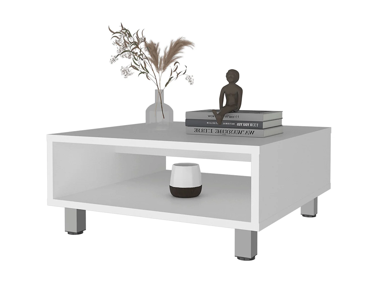 Mesa de Centro Eclipse en melamina con estantes inferior y 4 patas , blanco , 26.9 cm  X 60 cm  X 60 cm