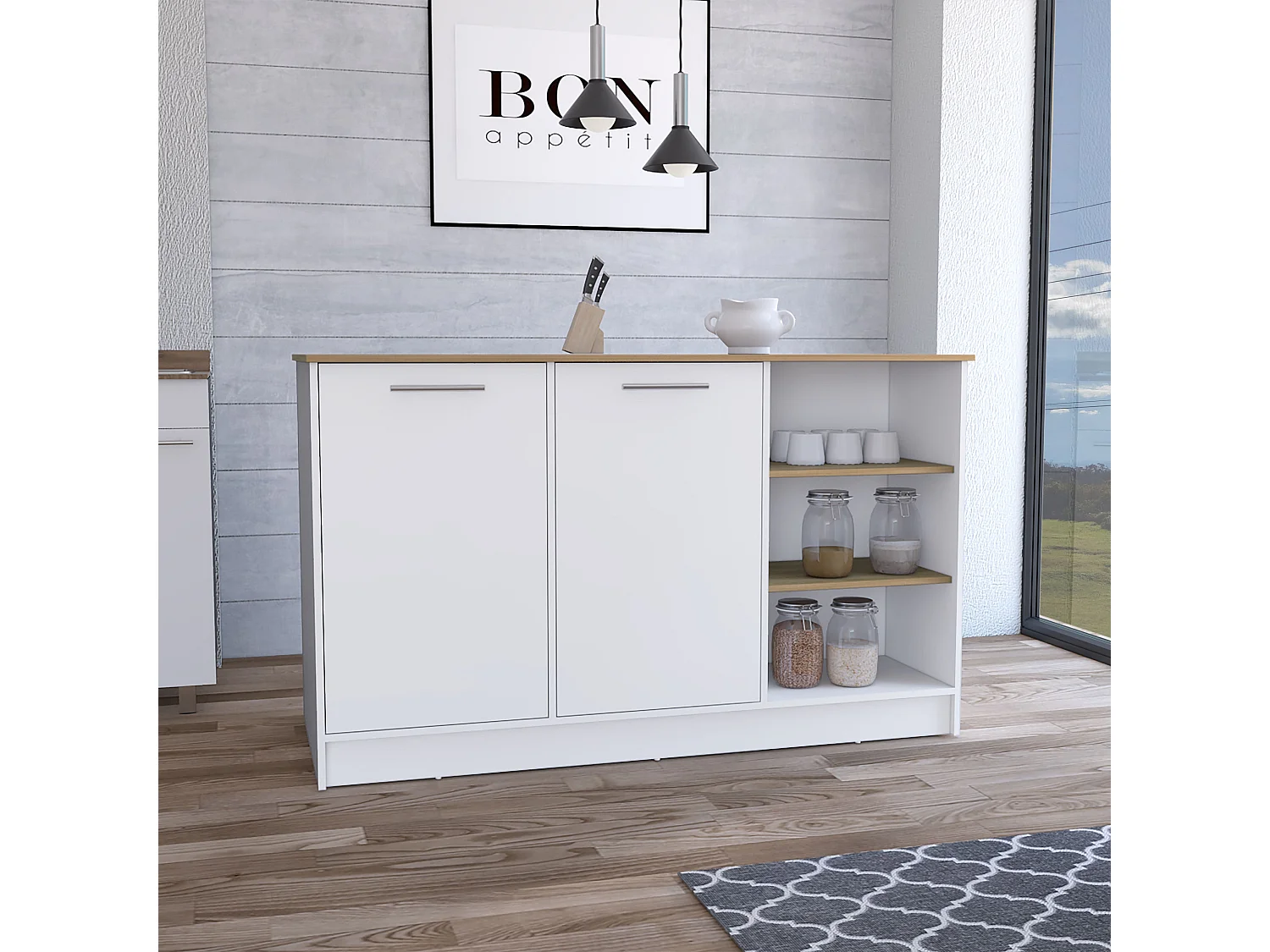 Ilot de cuisine Ginger en mélaminé avec 7 étagères et 2 portes, multicolore, 90.6 cm X 150 cm X 67 cm