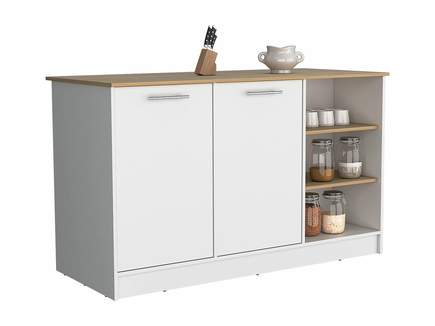 Ilot de cuisine Ginger en mélaminé avec 7 étagères et 2 portes, multicolore, 90.6 cm X 150 cm X 67 cm