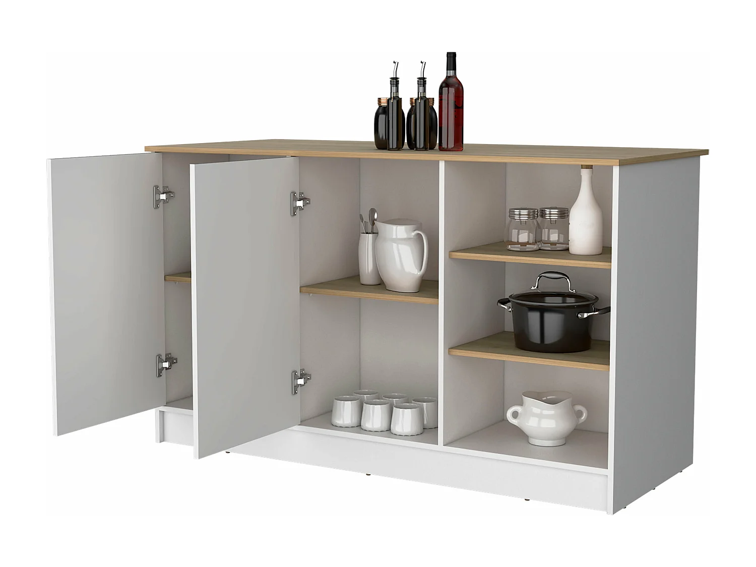 Ilot de cuisine Ginger en mélaminé avec 7 étagères et 2 portes, multicolore, 90.6 cm X 150 cm X 67 cm