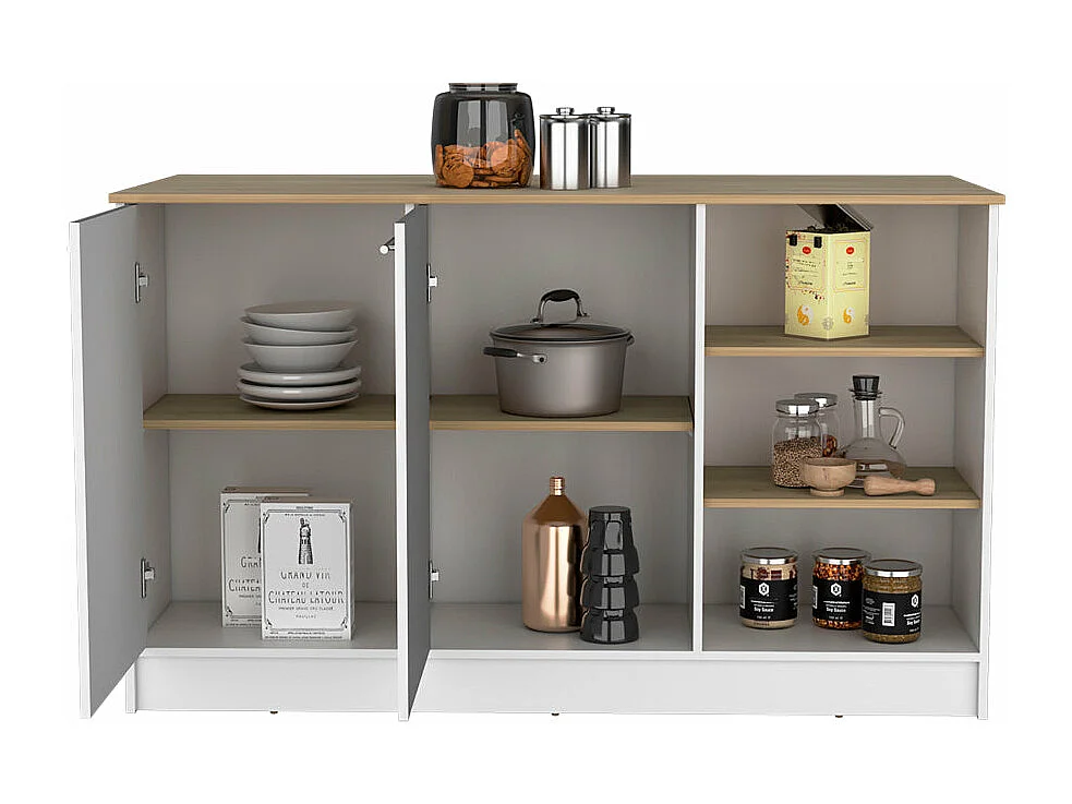 Ilot de cuisine Ginger en mélaminé avec 7 étagères et 2 portes, multicolore, 90.6 cm X 150 cm X 67 cm