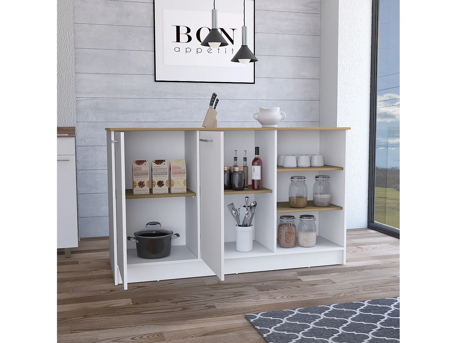 Isla de cocina Ginger en melamina con 7 estantes y 2 puertas , multicolor , 90.6 cm X 150 cm X 67 cm