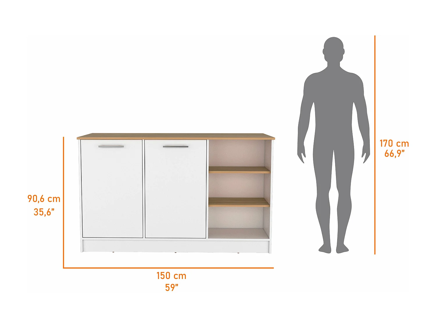 Isla de cocina Ginger en melamina con 7 estantes y 2 puertas , multicolor , 90.6 cm X 150 cm X 67 cm