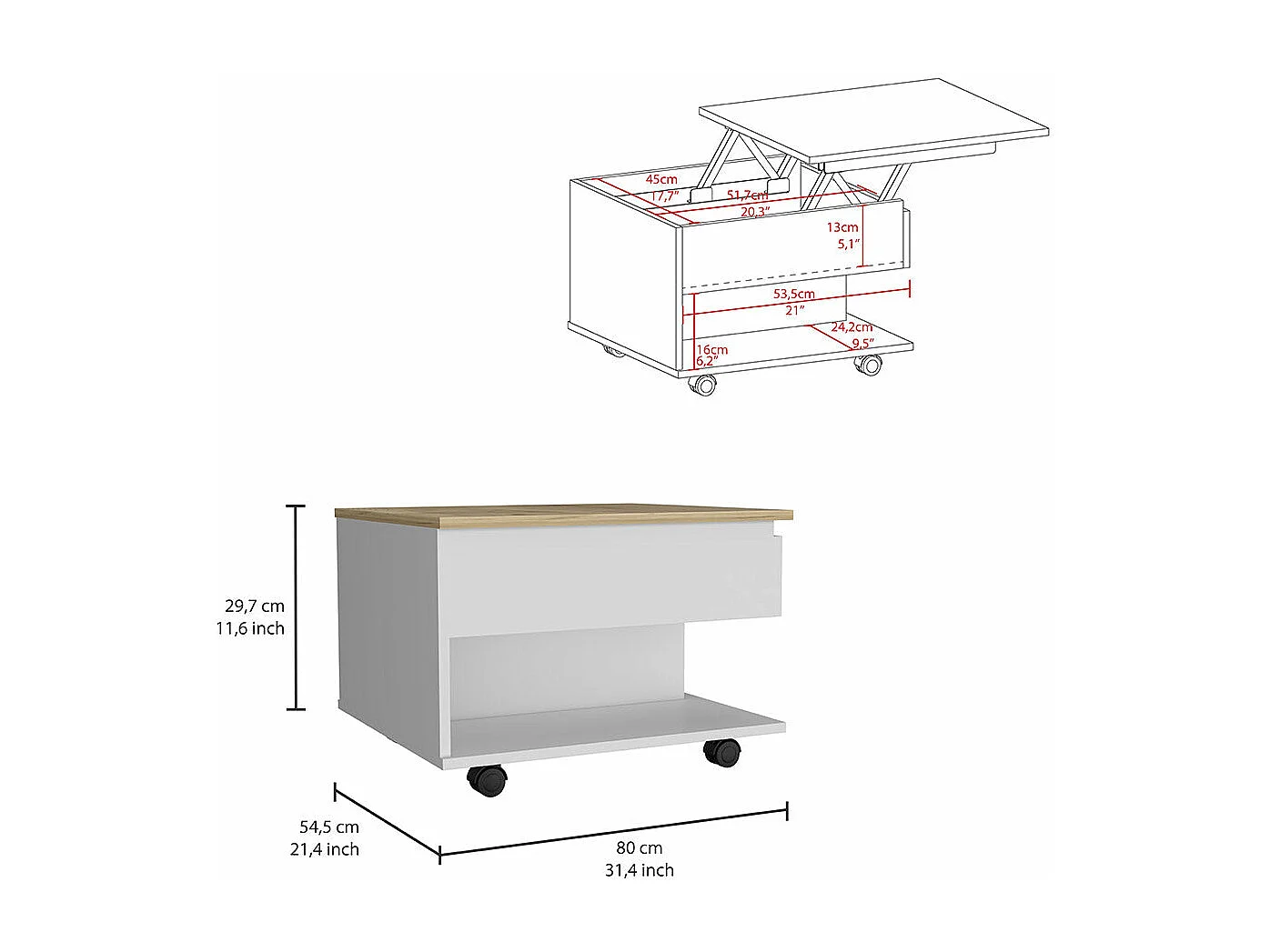 Table basse relevable Luanda en mélamine avec 2 étagères et 4 roulettes, multicolore, 29.7 cm X 80 cm X 54.5 cm