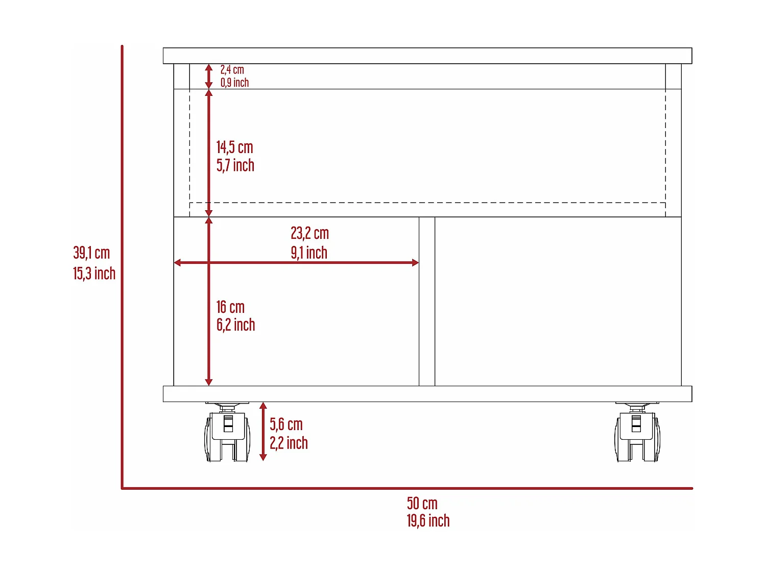 Table basse relevable Luanda en mélamine avec 2 étagères et 4 roulettes, multicolore, 29.7 cm X 80 cm X 54.5 cm