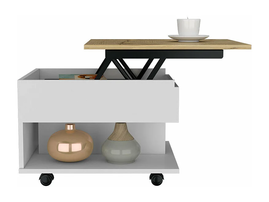 Table basse relevable Luanda en mélamine avec 2 étagères et 4 roulettes, multicolore, 29.7 cm X 80 cm X 54.5 cm