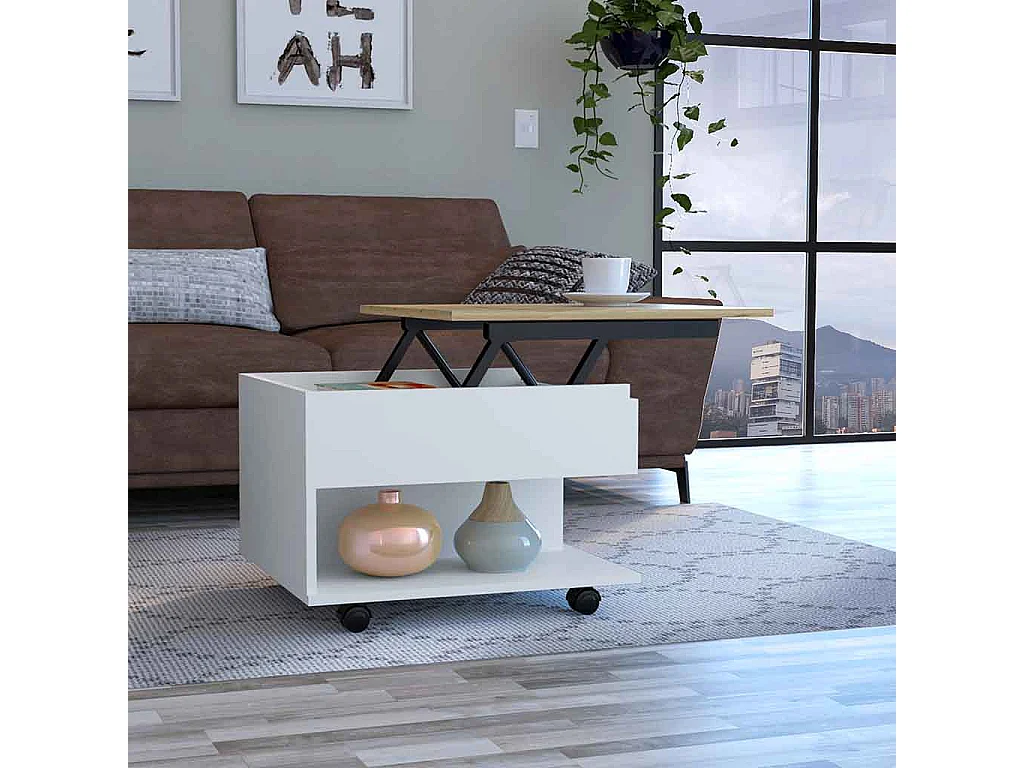 Table basse relevable Luanda en mélamine avec 2 étagères et 4 roulettes, multicolore, 29.7 cm X 80 cm X 54.5 cm