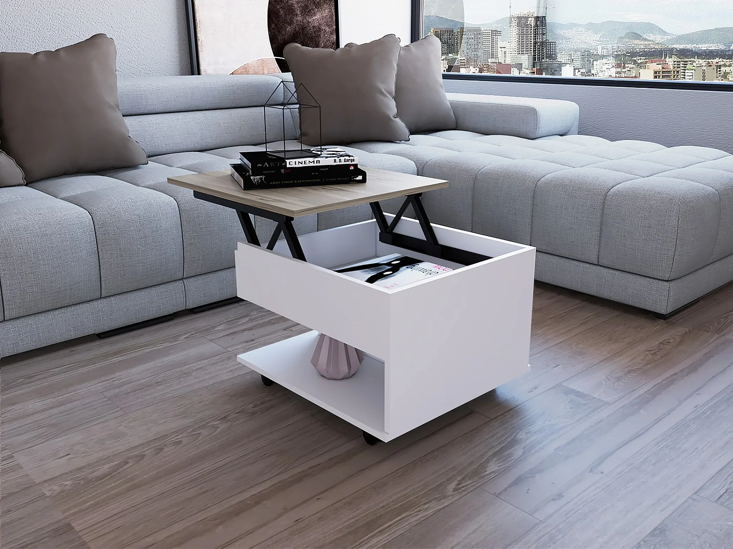 TUHOME CONCEPT Mesa de centro elevatória Luanda de 55 cm, branco e carvalho areia