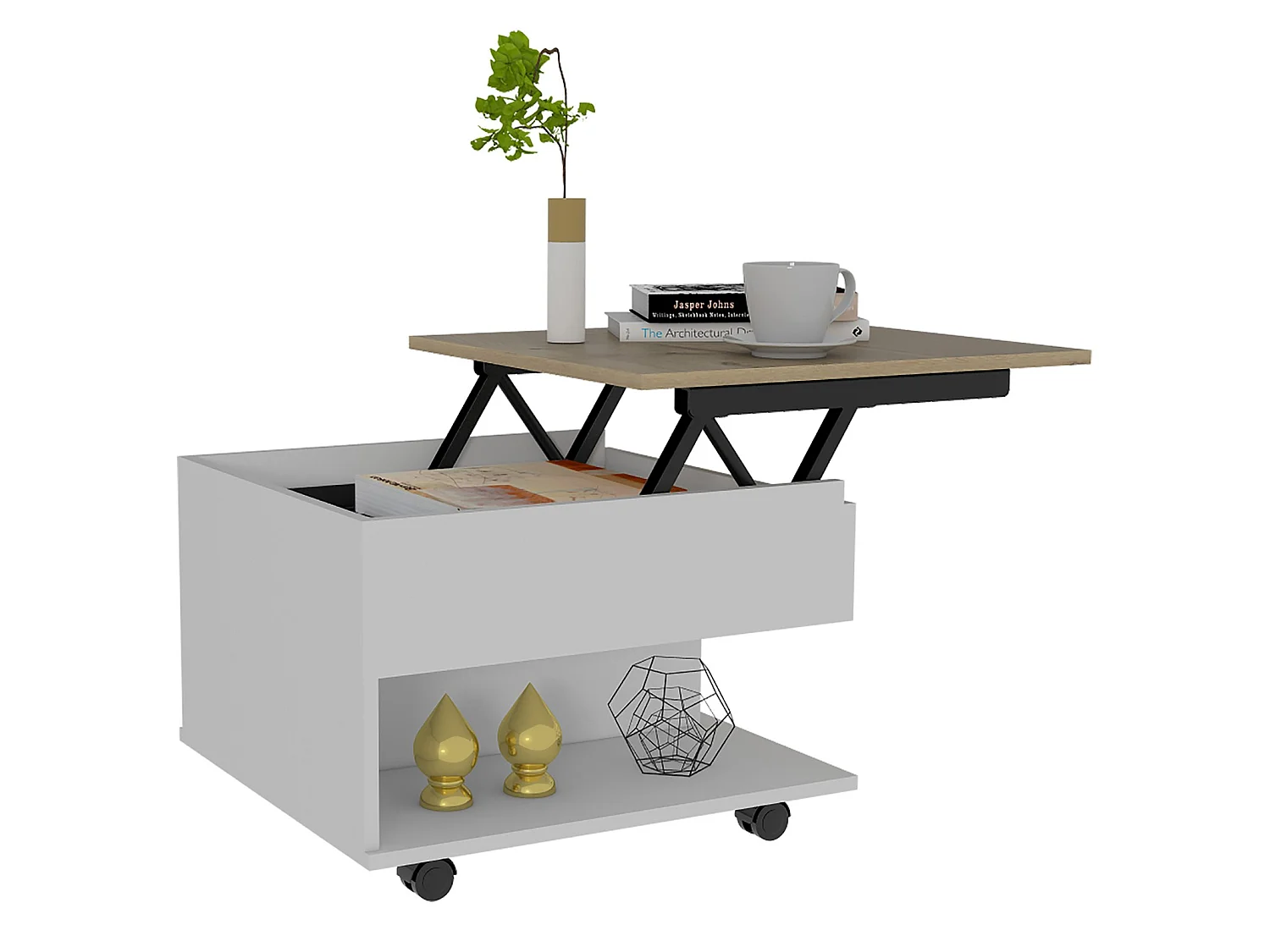 TUHOME CONCEPT Mesa de centro elevatória Luanda de 55 cm, branco e carvalho areia
