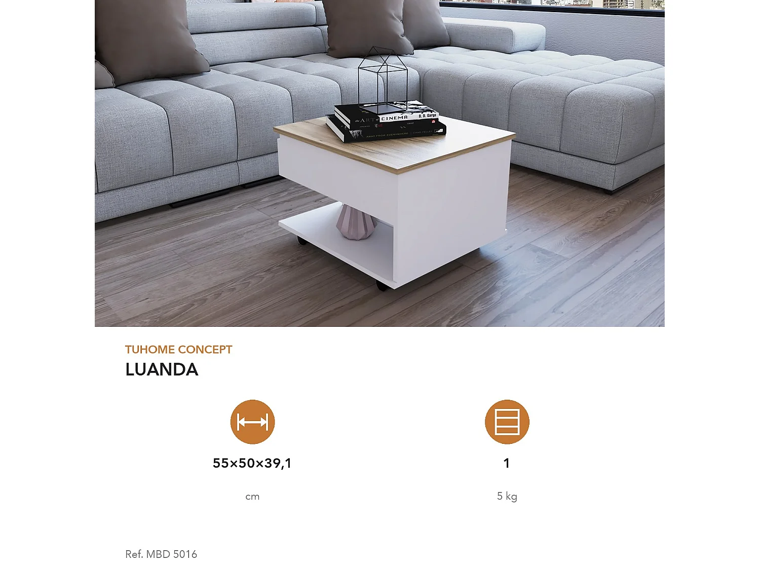 TUHOME CONCEPT Mesa de centro elevatória Luanda de 55 cm, branco e carvalho areia