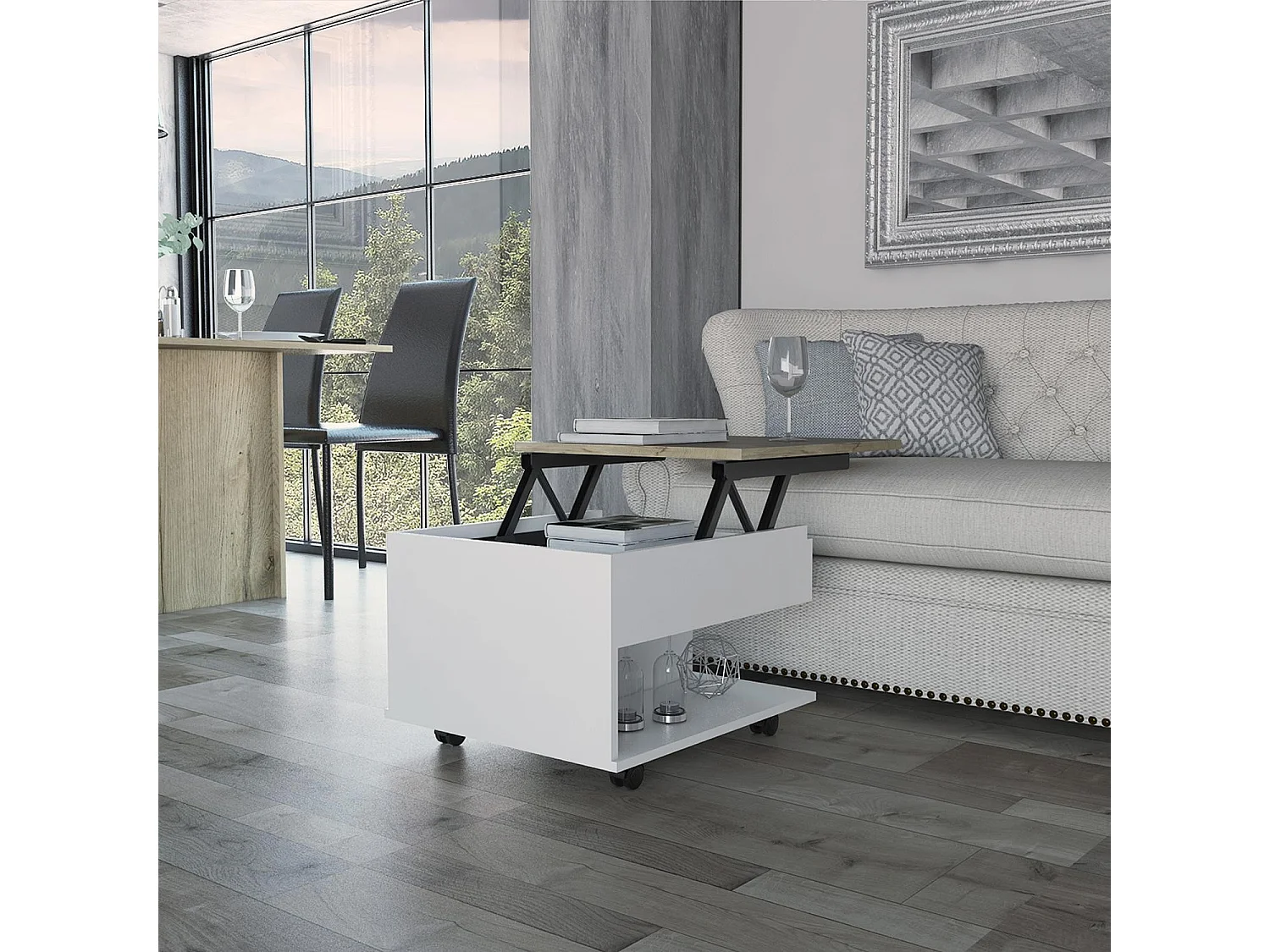 TUHOME CONCEPT Mesa de centro elevatória Luanda de 55 cm, branco e carvalho areia