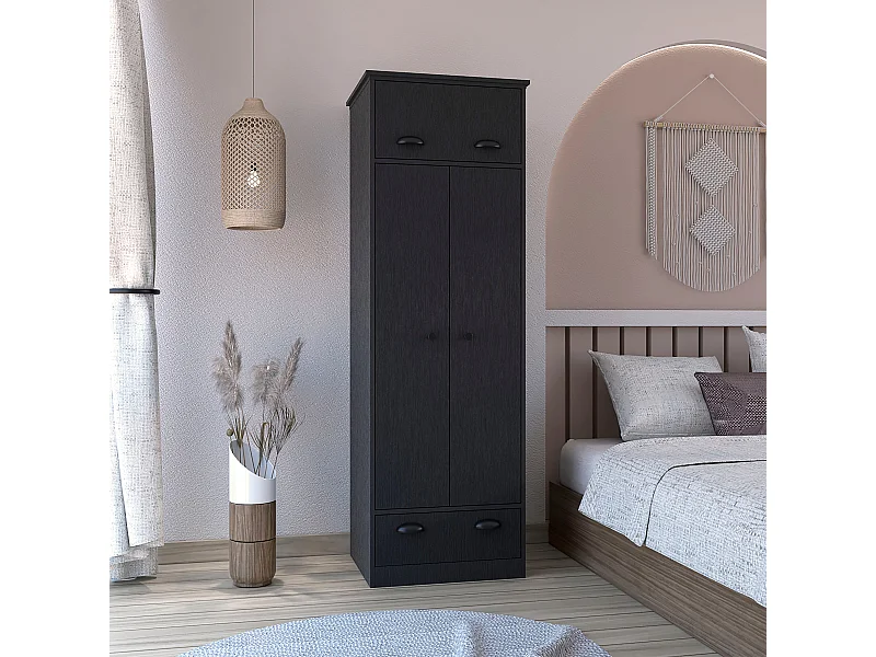 Armario falkland en melamina con 2 puertas ,2 estantes , 1 barra para colgar ropa ,  1 gabinete superior y 1 cajon , negro , 179 cm X 59.2 cm X 50 cm
