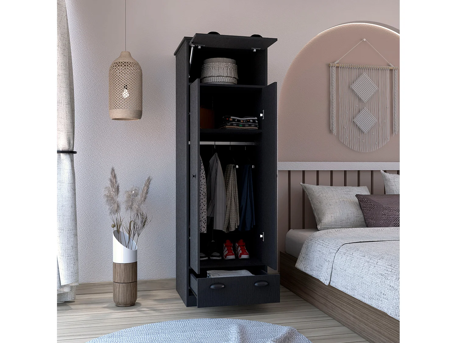 Armario falkland en melamina con 2 puertas ,2 estantes , 1 barra para colgar ropa ,  1 gabinete superior y 1 cajon , negro , 179 cm X 59.2 cm X 50 cm