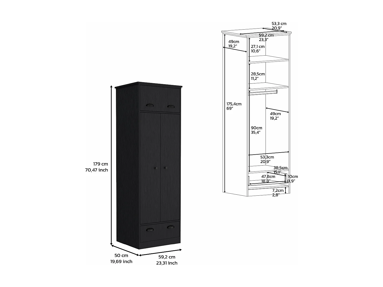Armario falkland en melamina con 2 puertas ,2 estantes , 1 barra para colgar ropa ,  1 gabinete superior y 1 cajon , negro , 179 cm X 59.2 cm X 50 cm