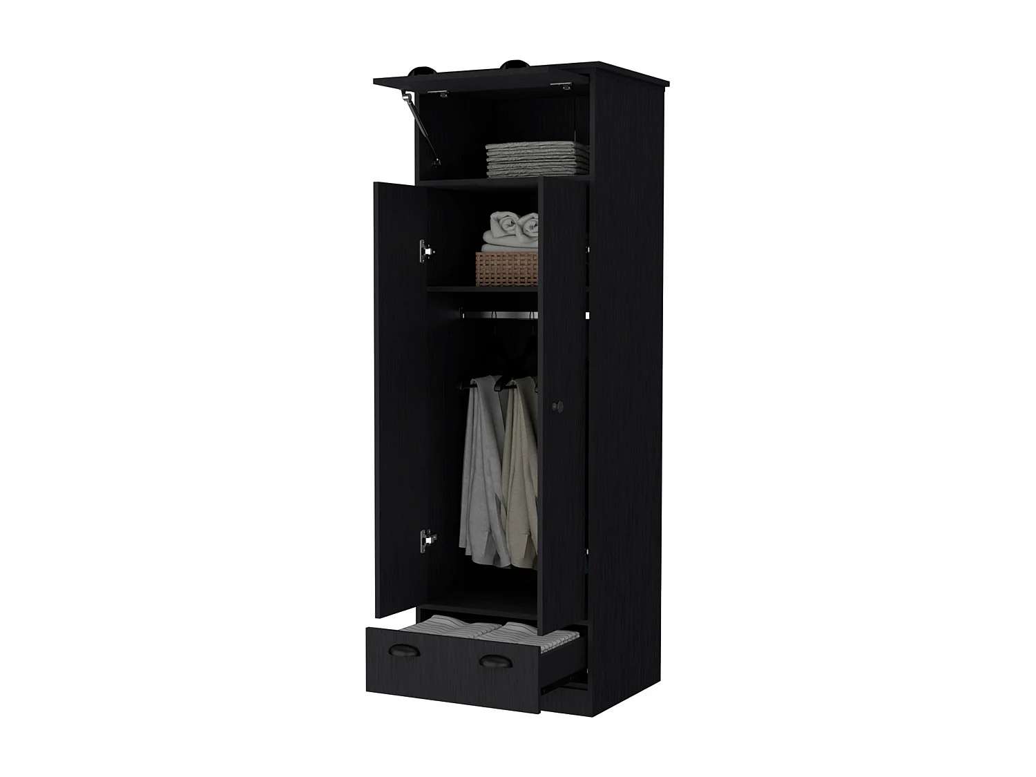Armario falkland en melamina con 2 puertas ,2 estantes , 1 barra para colgar ropa ,  1 gabinete superior y 1 cajon , negro , 179 cm X 59.2 cm X 50 cm