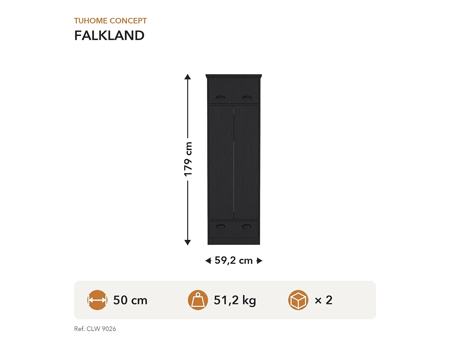 Armario ropero Falkland de 179 cm con 1 cajón y barra de colgar, wengué