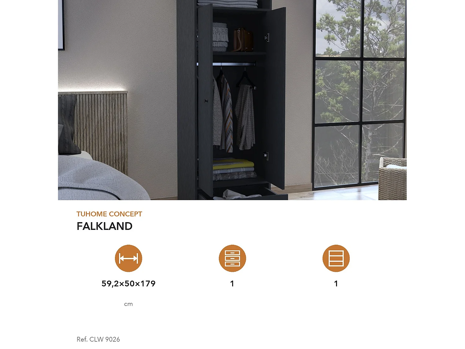 Armario ropero Falkland de 179 cm con 1 cajón y barra de colgar, wengué