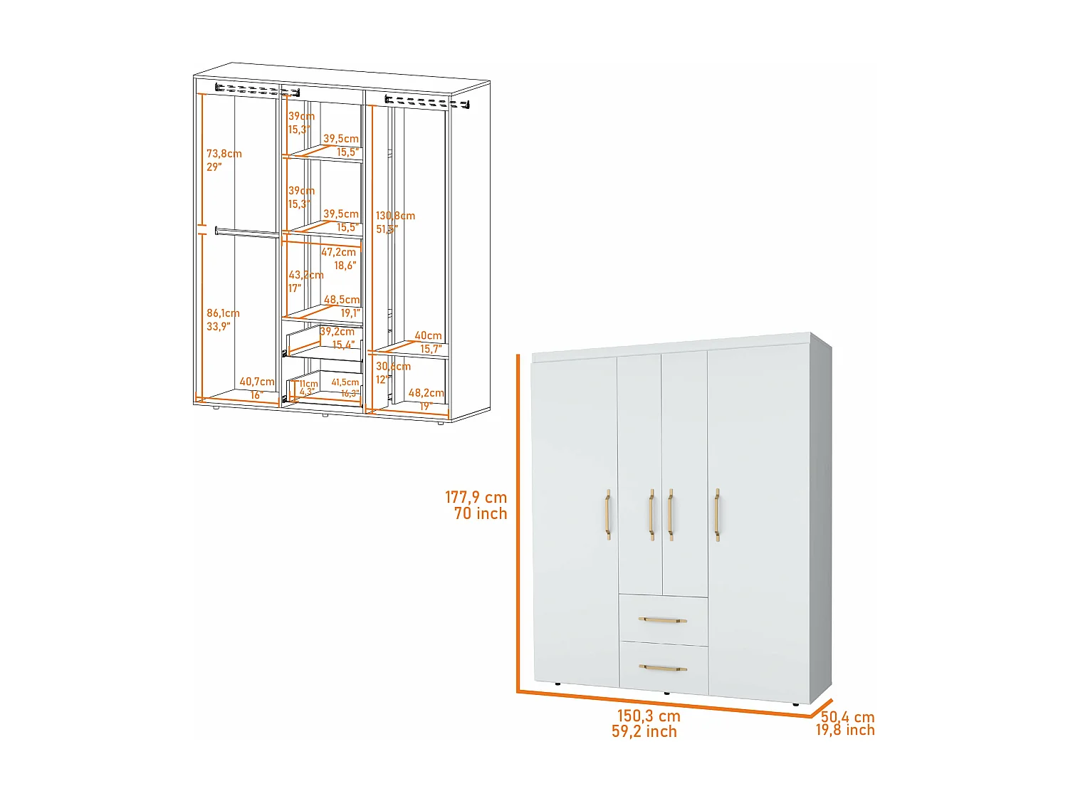 Roupeiro Bariloche em melamina com 4 portas, 4 prateleiras, 3 suportes para roupa e 2 gavetas , branco, 177.9 cm X 150.3 cm X 50.4 cm
