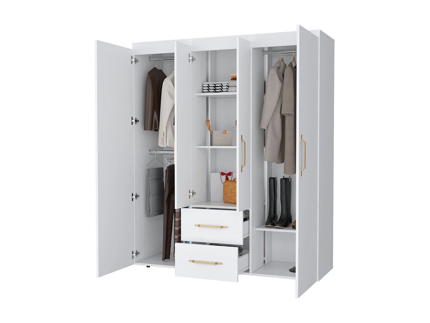 Roupeiro Bariloche em melamina com 4 portas, 4 prateleiras, 3 suportes para roupa e 2 gavetas , branco, 177.9 cm X 150.3 cm X 50.4 cm
