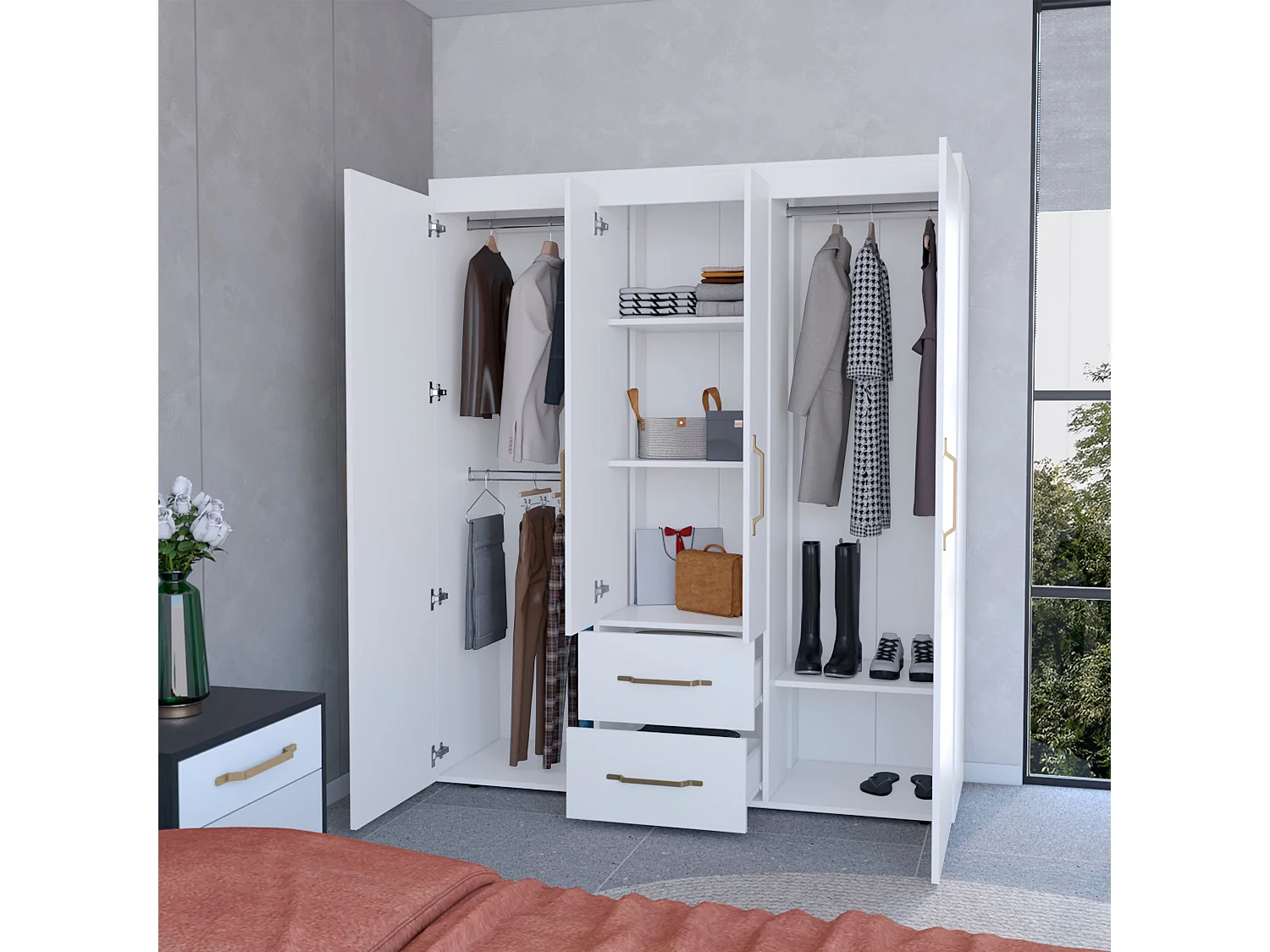 Armadio Bariloche in melamina con 4 ante, 4 ripiani, 3 appendiabiti e 2 cassetti , bianco, 177.9 cm X 150.3 cm X 50.4 cm