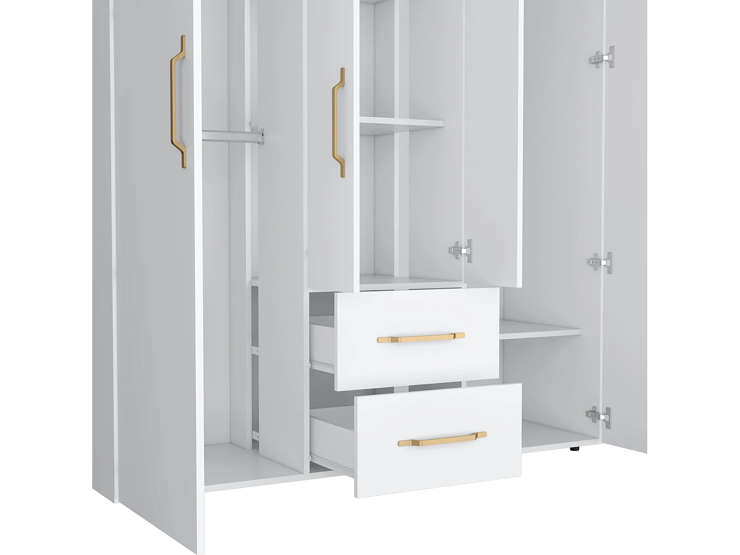 Armadio Bariloche in melamina con 4 ante, 4 ripiani, 3 appendiabiti e 2 cassetti , bianco, 177.9 cm X 150.3 cm X 50.4 cm