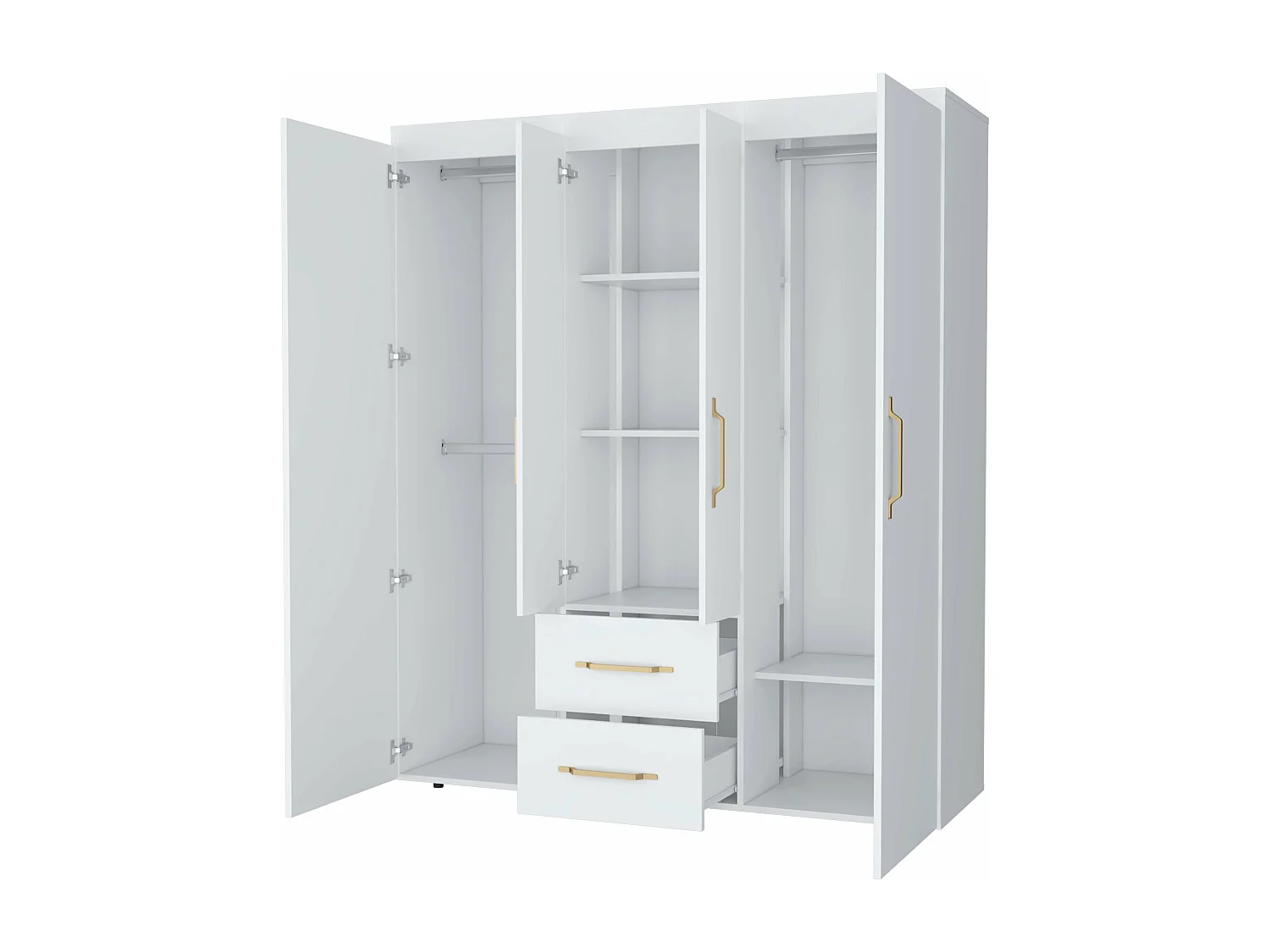 Armadio Bariloche in melamina con 4 ante, 4 ripiani, 3 appendiabiti e 2 cassetti , bianco, 177.9 cm X 150.3 cm X 50.4 cm