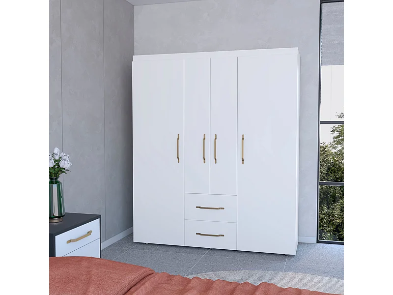 Armadio Bariloche in melamina con 4 ante, 4 ripiani, 3 appendiabiti e 2 cassetti , bianco, 177.9 cm X 150.3 cm X 50.4 cm